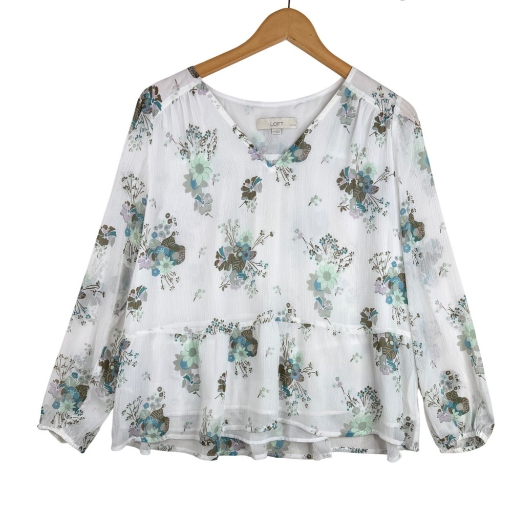 LOFT Womens White Floral Print V Neck Peplum Blouse Size Large Petite